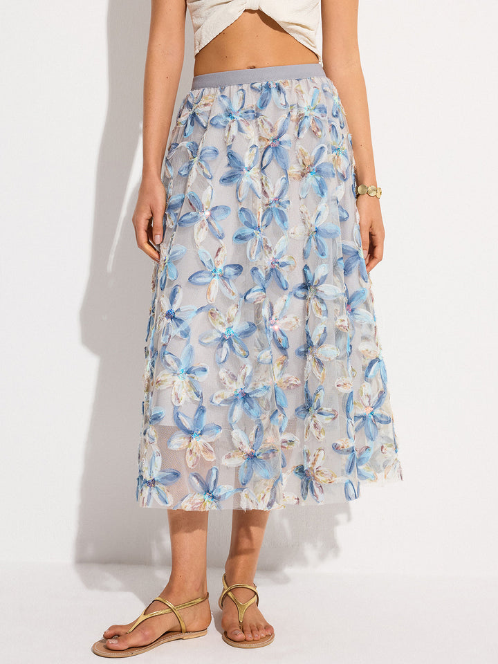 Jupe Midi en Dentelle Fleurie Semi-Transparente