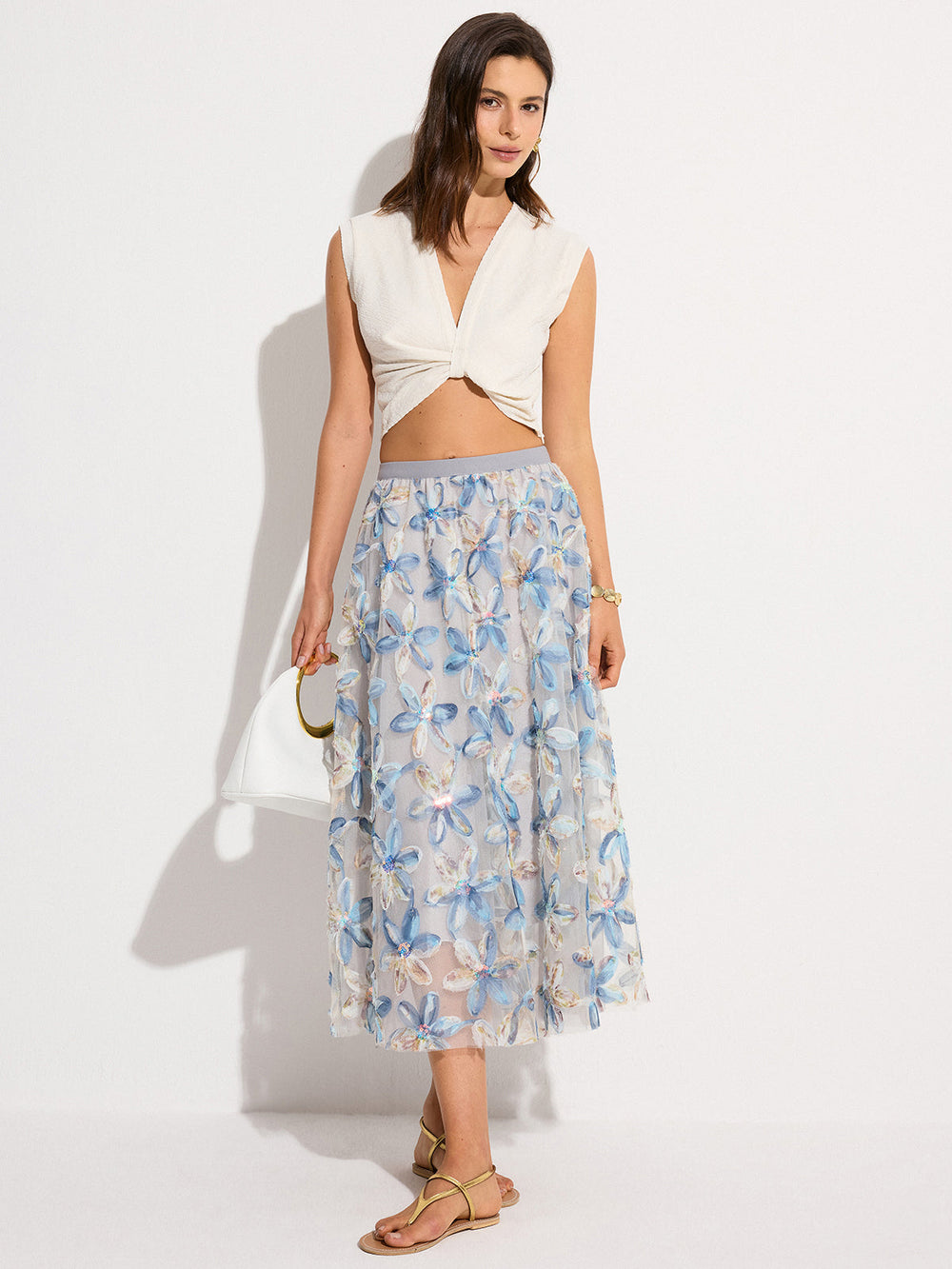 Jupe Midi en Dentelle Fleurie Semi-Transparente
