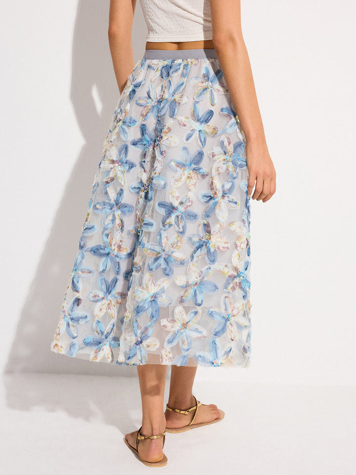 Jupe Midi en Dentelle Fleurie Semi-Transparente