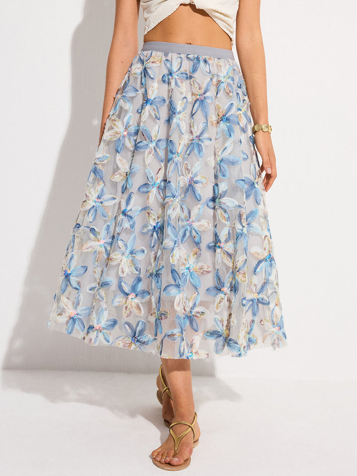 Jupe Midi en Dentelle Fleurie Semi-Transparente