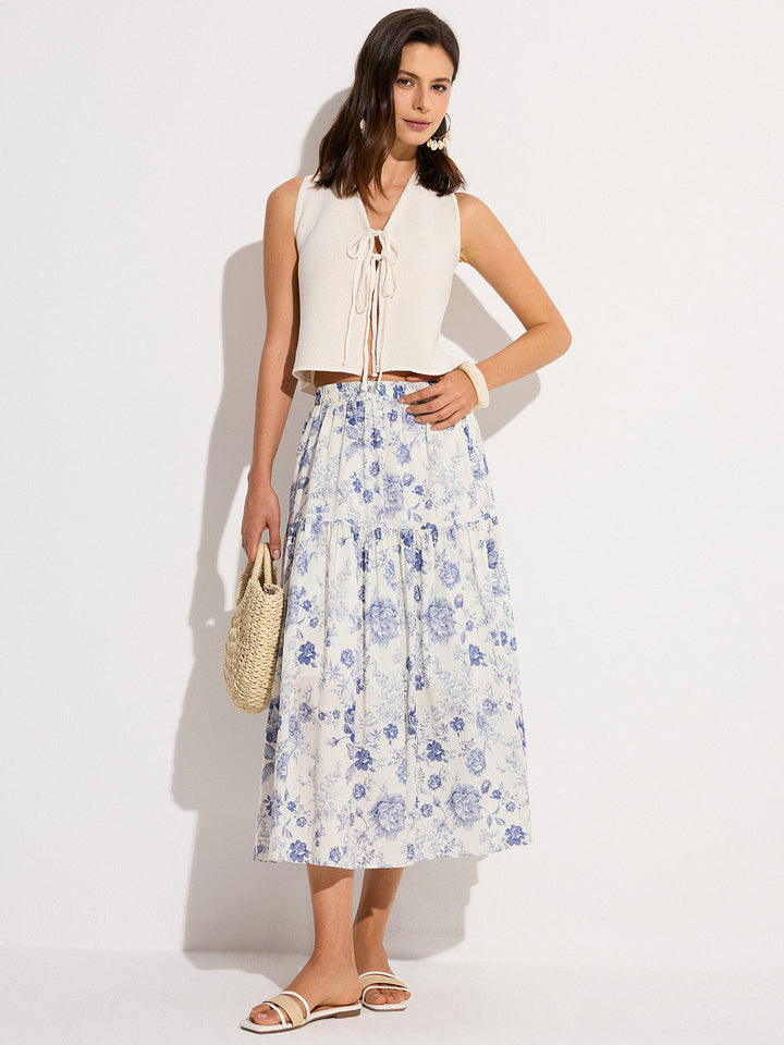 Jupe Mi-longue à Taille Élastique et Imprimé Floral