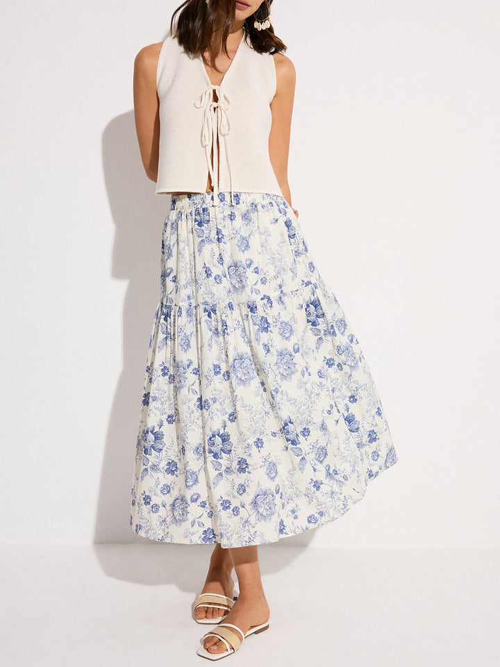 Jupe Mi-longue à Taille Élastique et Imprimé Floral