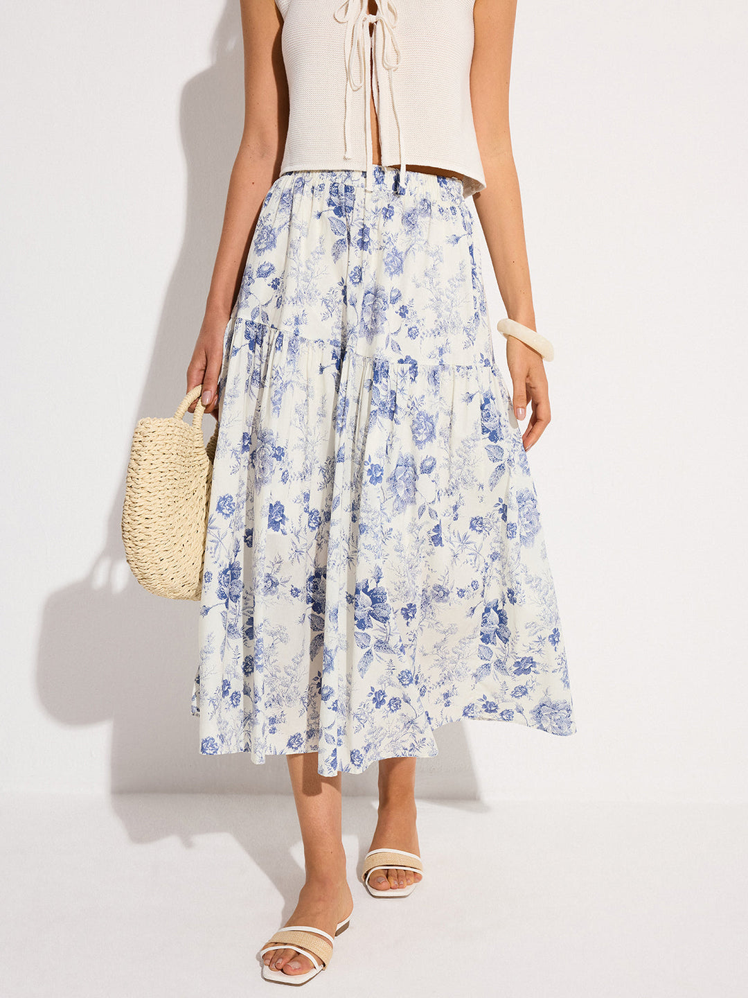 Jupe Mi-longue à Taille Élastique et Imprimé Floral