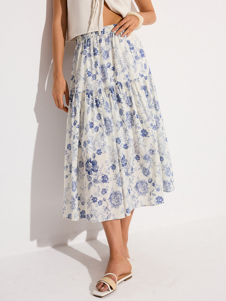 Jupe Mi-longue à Taille Élastique et Imprimé Floral