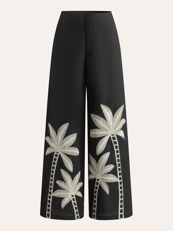 Pantalon Large Taille Haute Brodé
