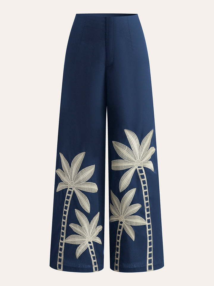 Pantalon Large Taille Haute Brodé
