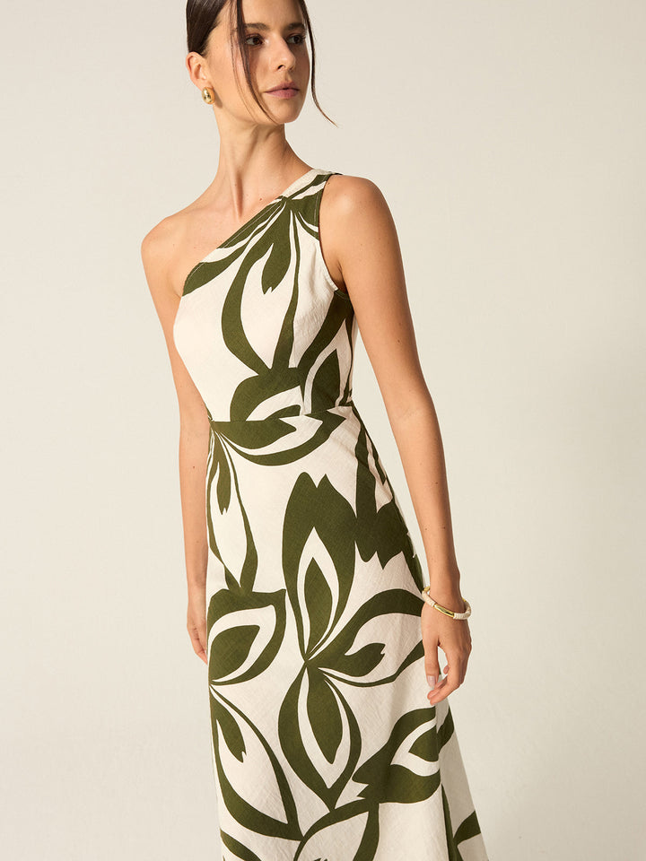 Robe Mi-longue à Épaule Unique Imprimée