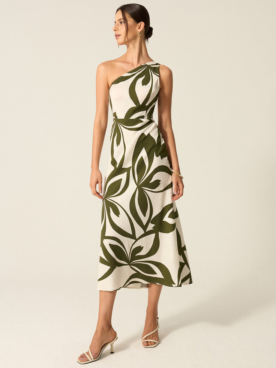 Robe Mi-longue à Épaule Unique Imprimée