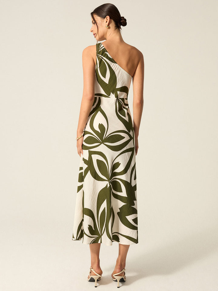 Robe Mi-longue à Épaule Unique Imprimée