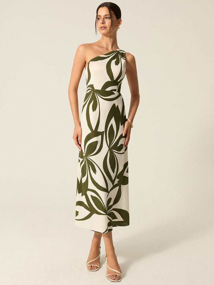 Robe Mi-longue à Épaule Unique Imprimée