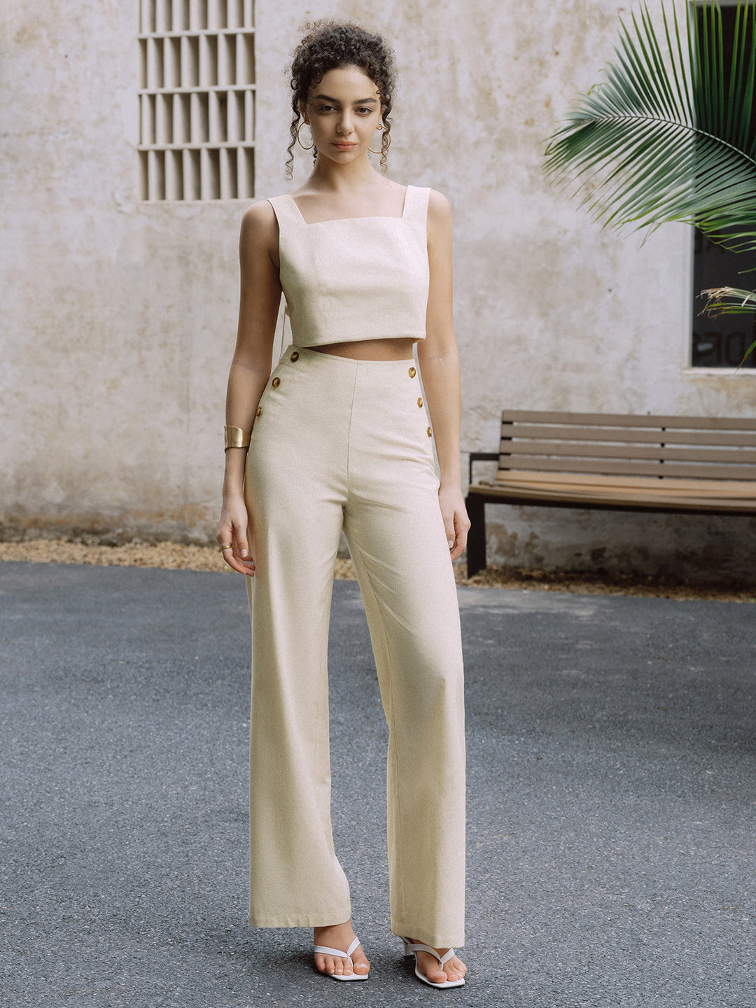 Ensemble Débardeur Bouton en Coton et Lin avec Pantalon Jambe Droite