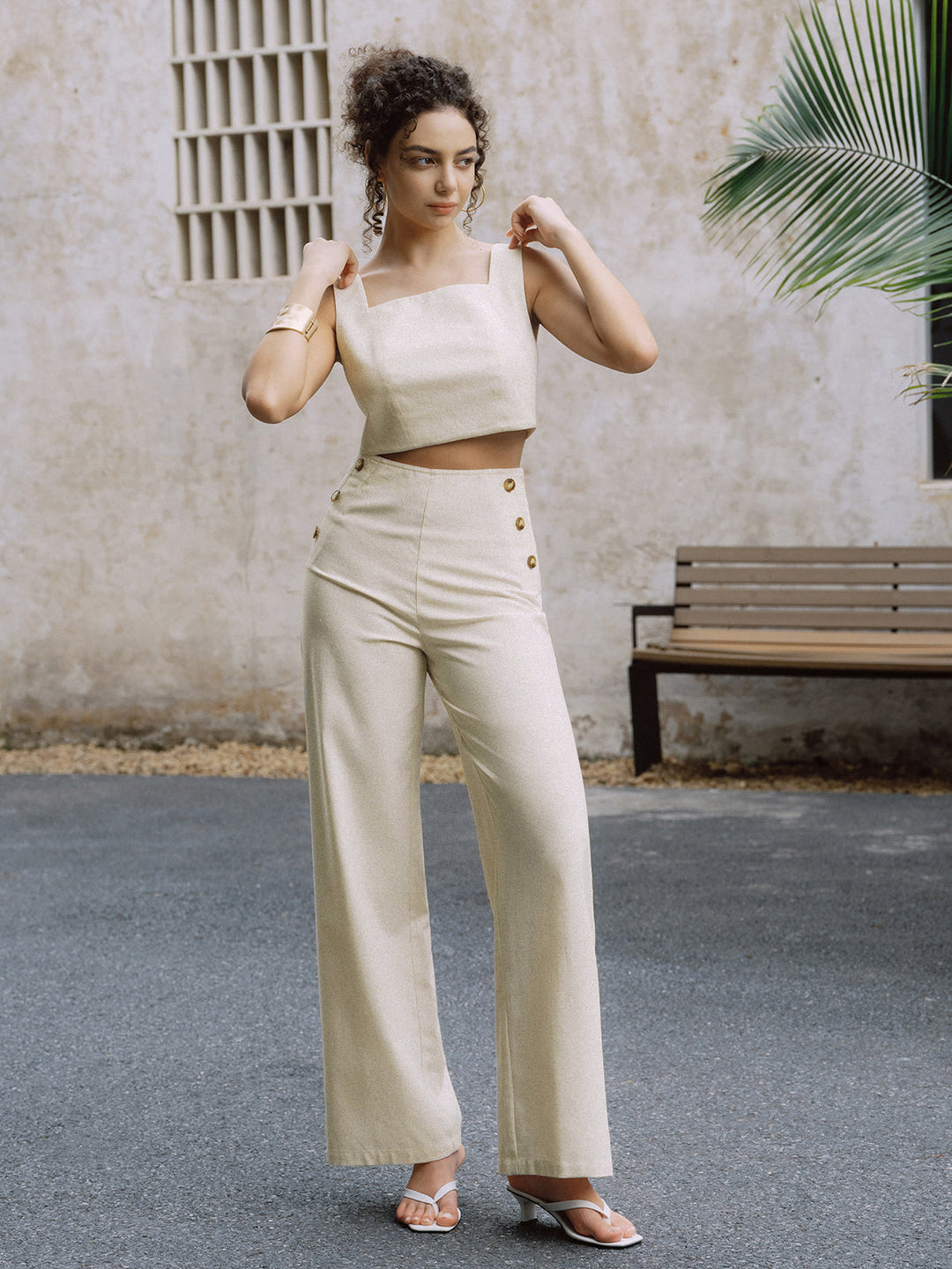 Ensemble Débardeur Bouton en Coton et Lin avec Pantalon Jambe Droite