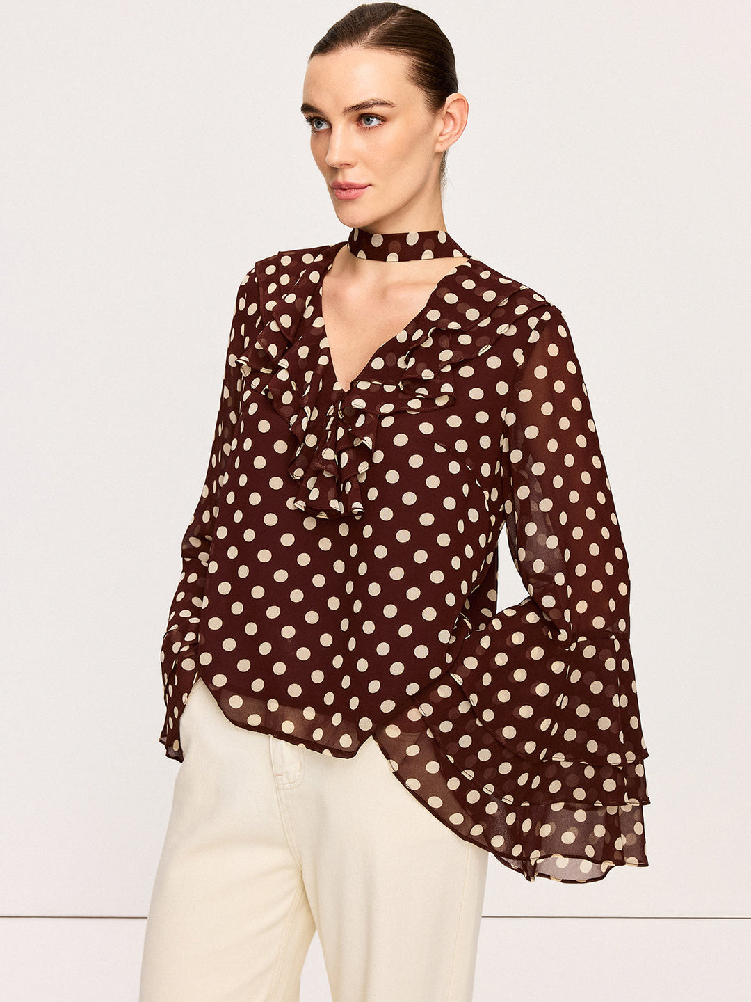 Blouse Semi-Transparente à Pois avec Manches Évasées en Mousseline