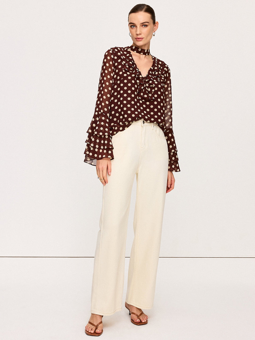 Blouse Semi-Transparente à Pois avec Manches Évasées en Mousseline