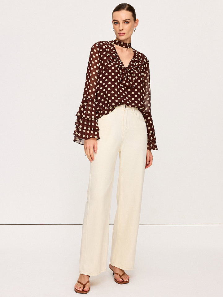 Blouse Semi-Transparente à Pois avec Manches Évasées en Mousseline
