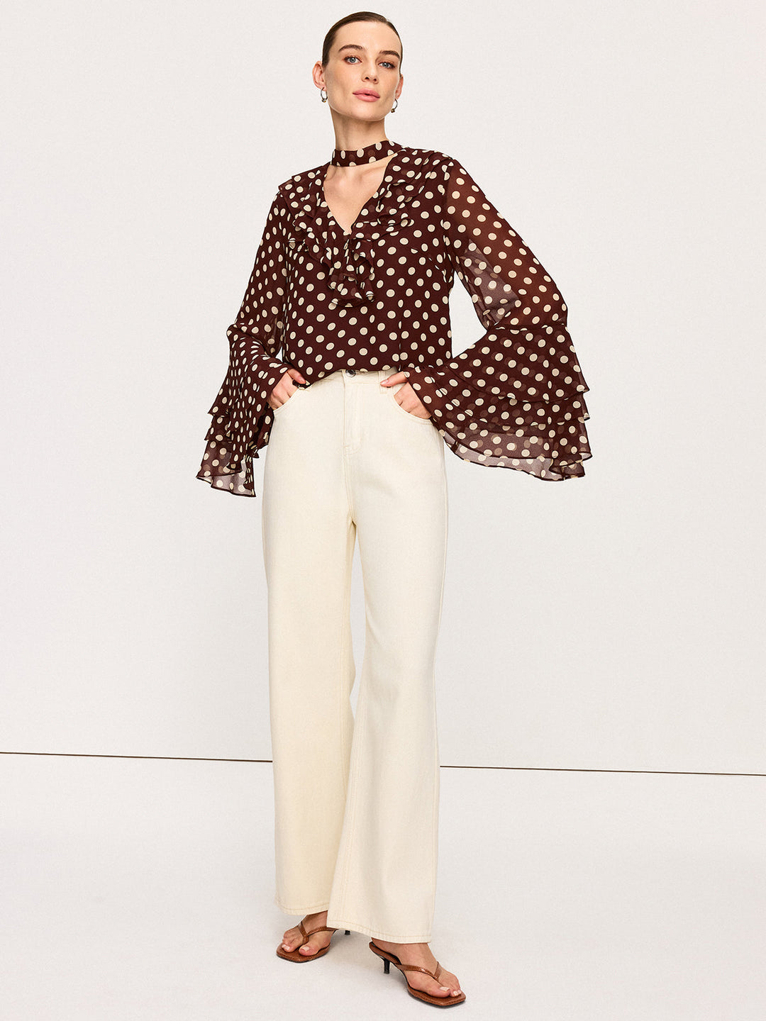 Blouse Semi-Transparente à Pois avec Manches Évasées en Mousseline