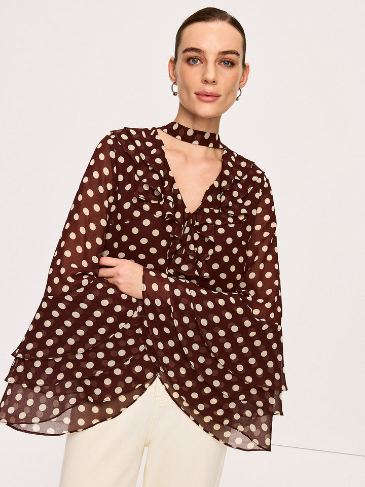 Blouse Semi-Transparente à Pois avec Manches Évasées en Mousseline