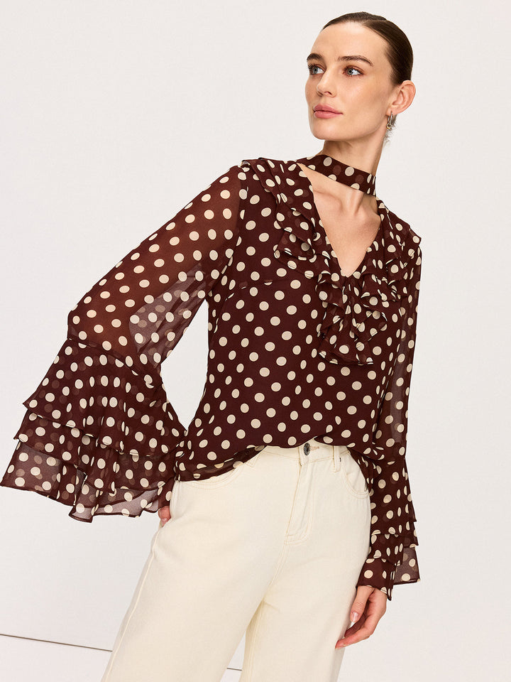 Blouse Semi-Transparente à Pois avec Manches Évasées en Mousseline