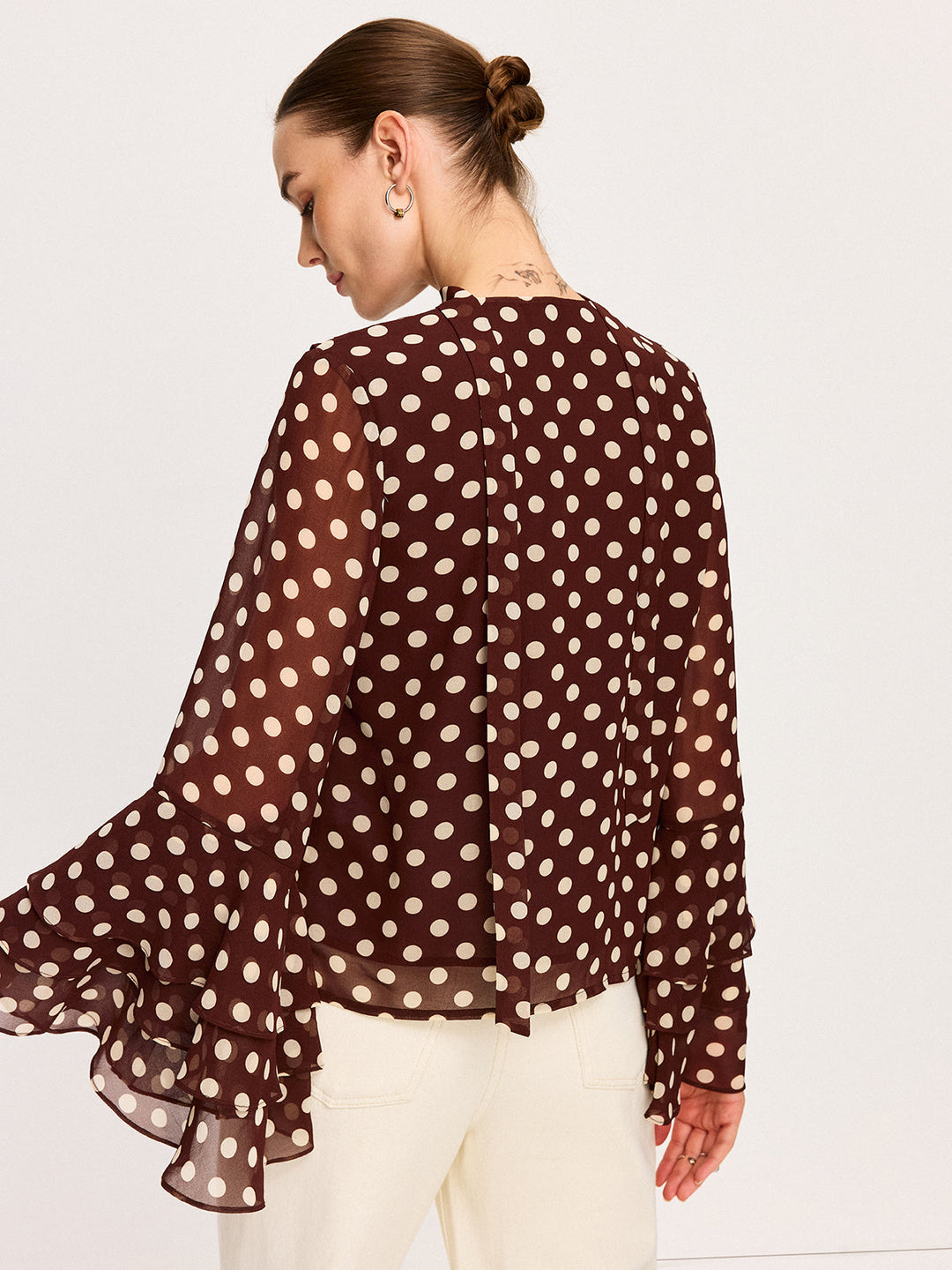 Blouse Semi-Transparente à Pois avec Manches Évasées en Mousseline
