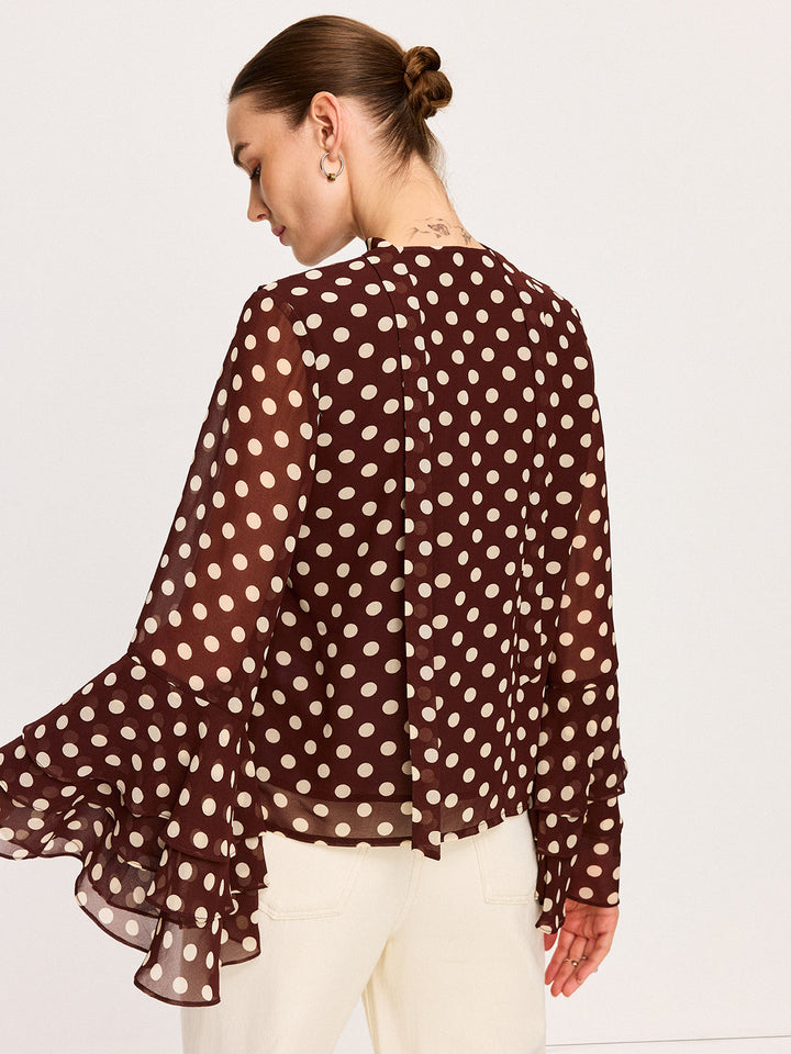 Blouse Semi-Transparente à Pois avec Manches Évasées en Mousseline