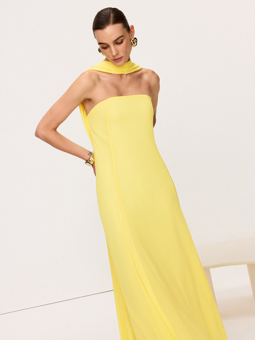 Robe Maxi Col Halter en Mousseline