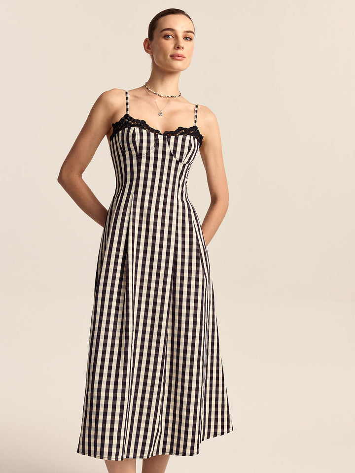 Robe Mi-longue à Bretelles Spaghetti à Carreaux Vichy avec Bordure en Dentelle