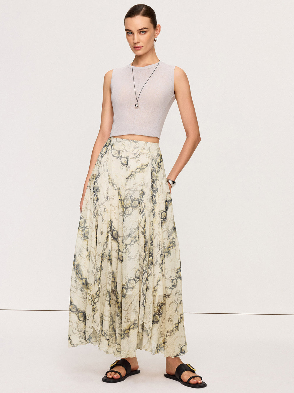 Jupe Longue Fluide Imprimé Serpent Semi-Transparente