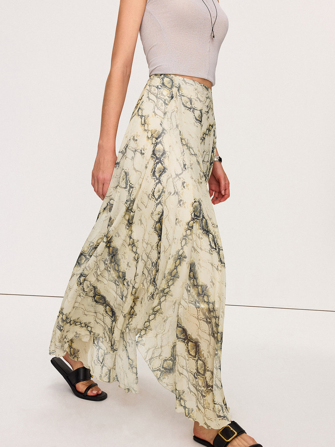 Jupe Longue Fluide Imprimé Serpent Semi-Transparente