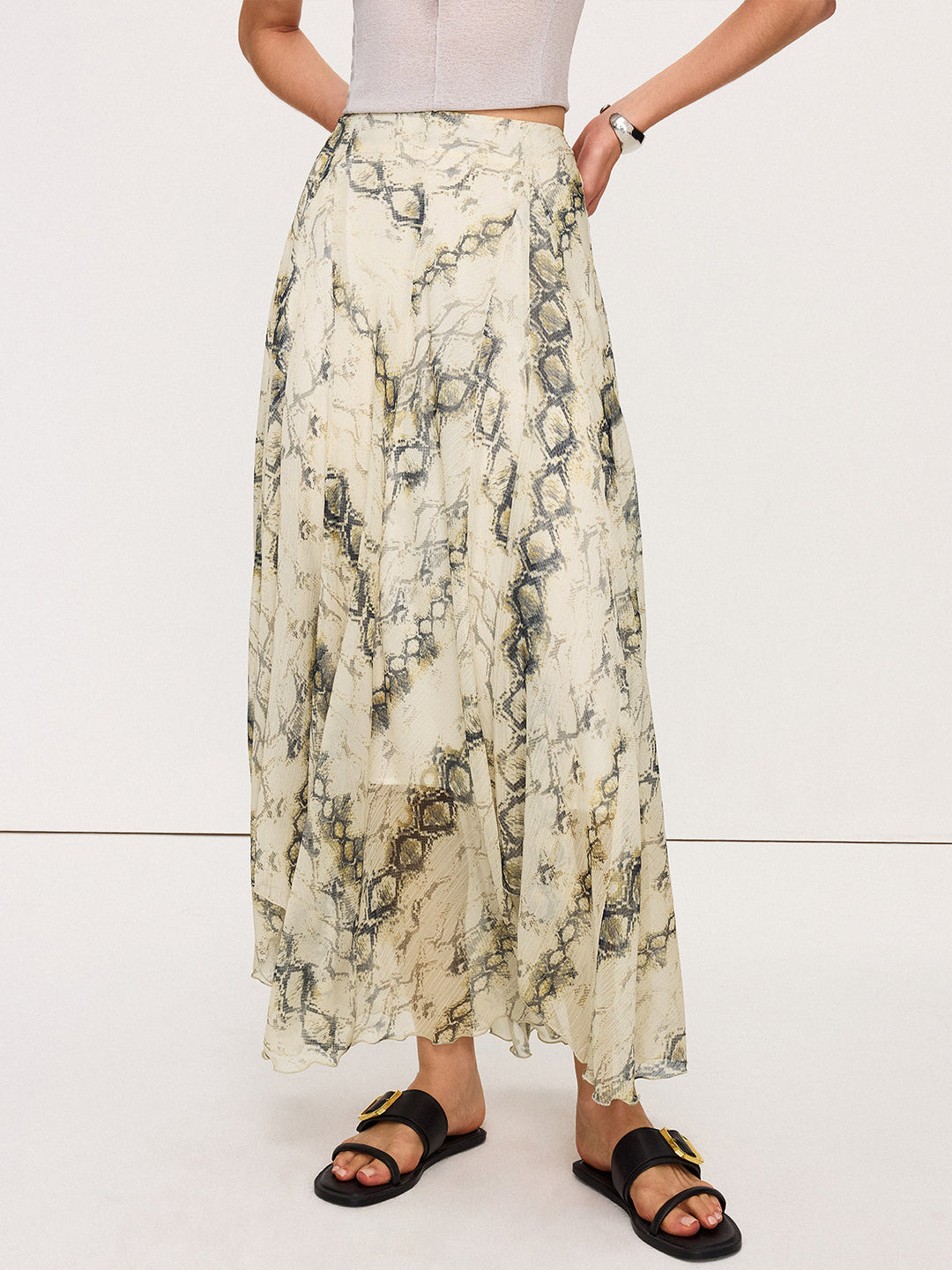 Jupe Longue Fluide Imprimé Serpent Semi-Transparente