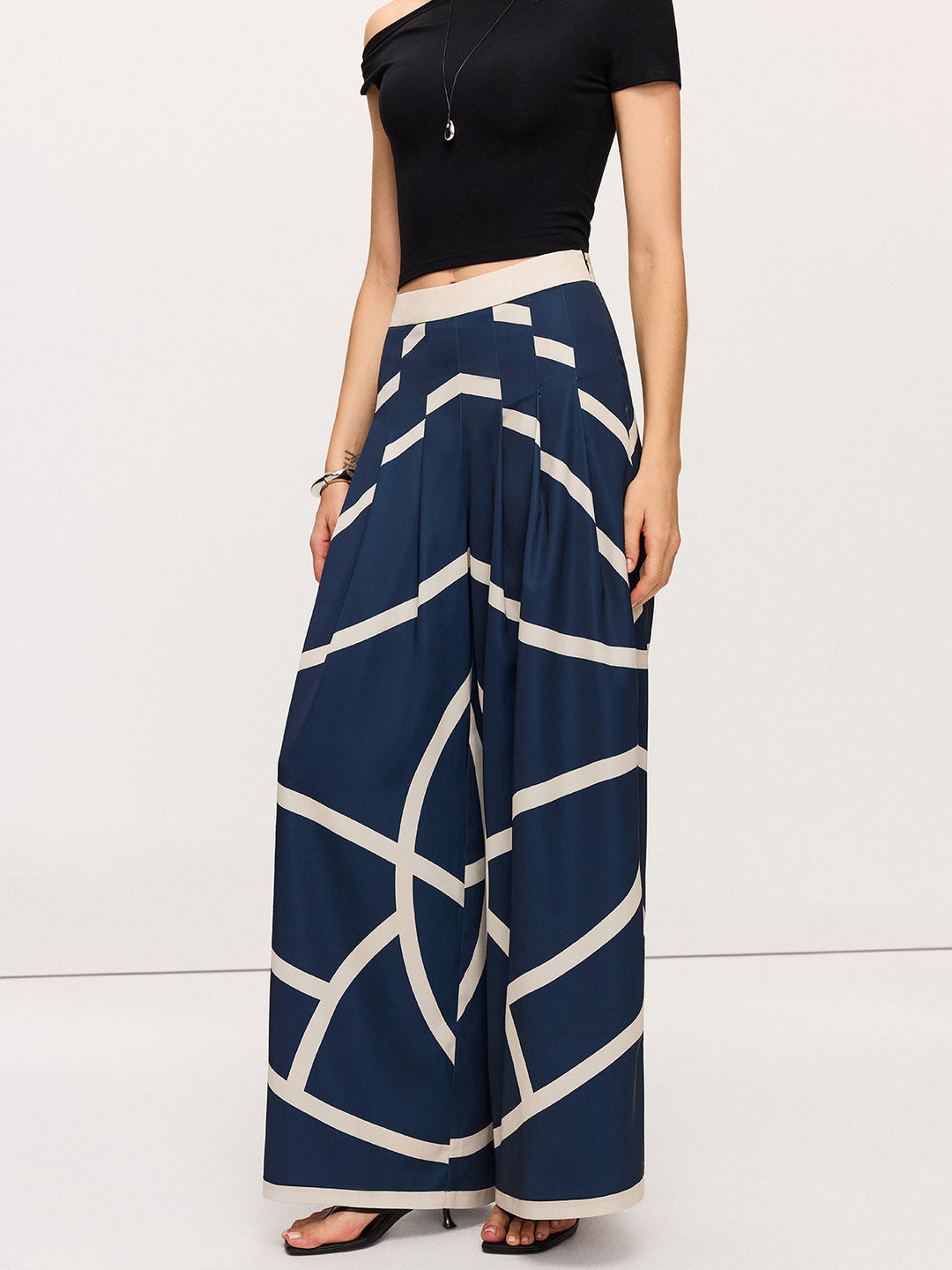 Pantalons Amples Taille Haute à Rayures