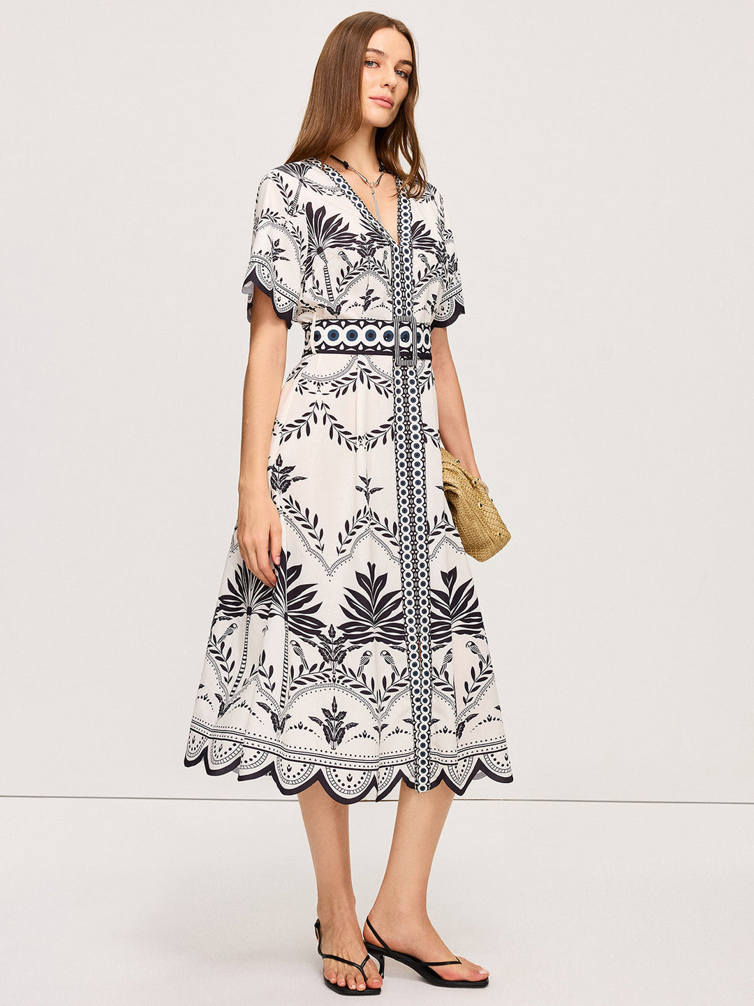 Robe Mi-longue Bohème à col en V et imprimé floral