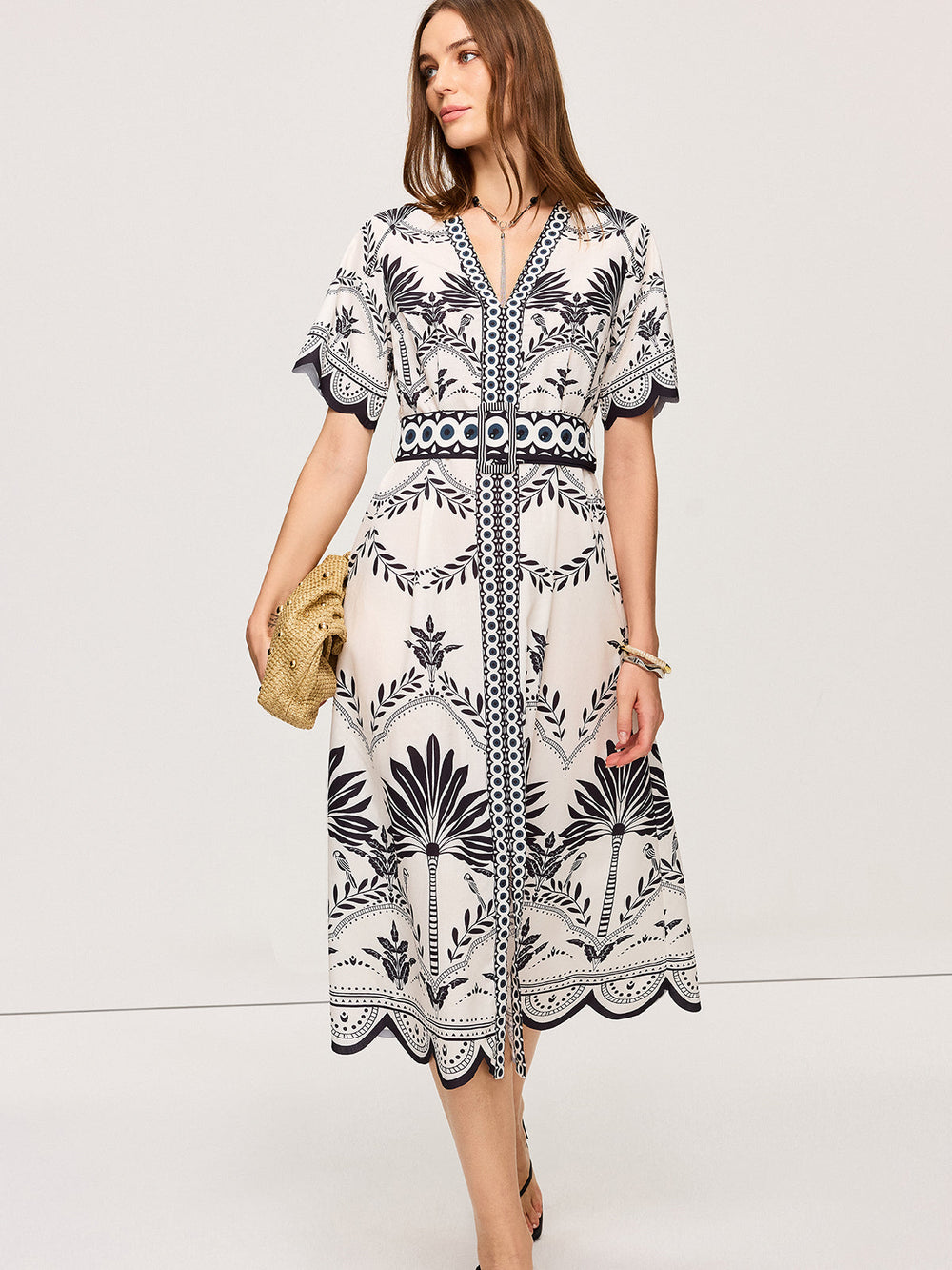 Robe Mi-longue Bohème à col en V et imprimé floral