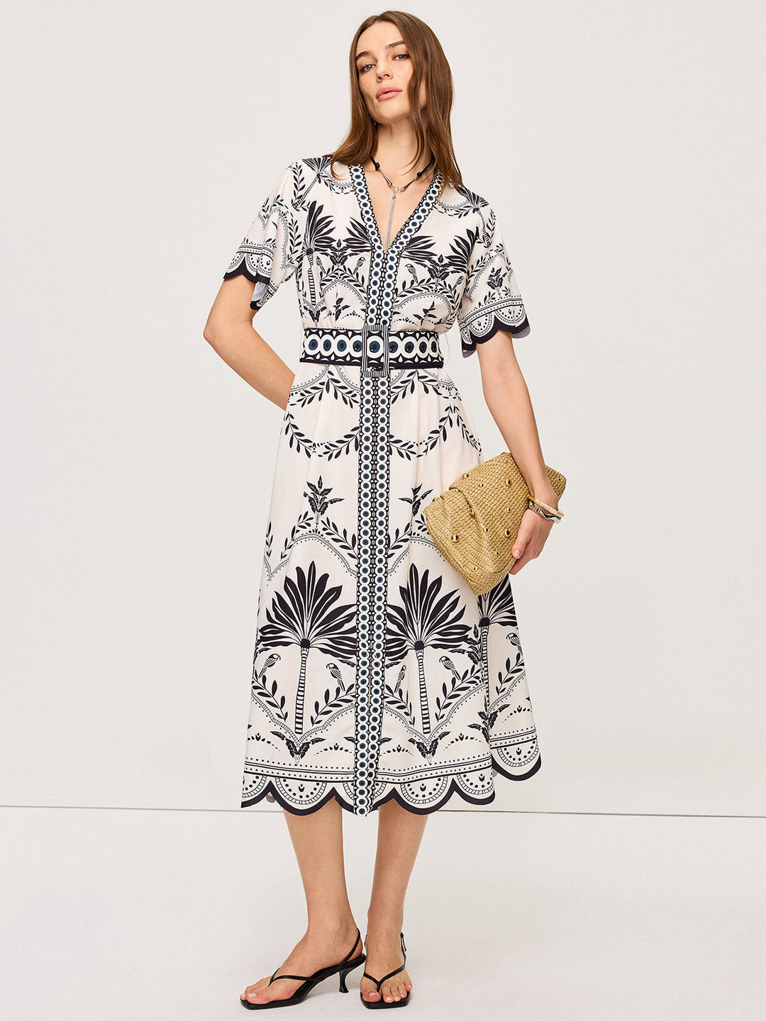 Robe Mi-longue Bohème à col en V et imprimé floral