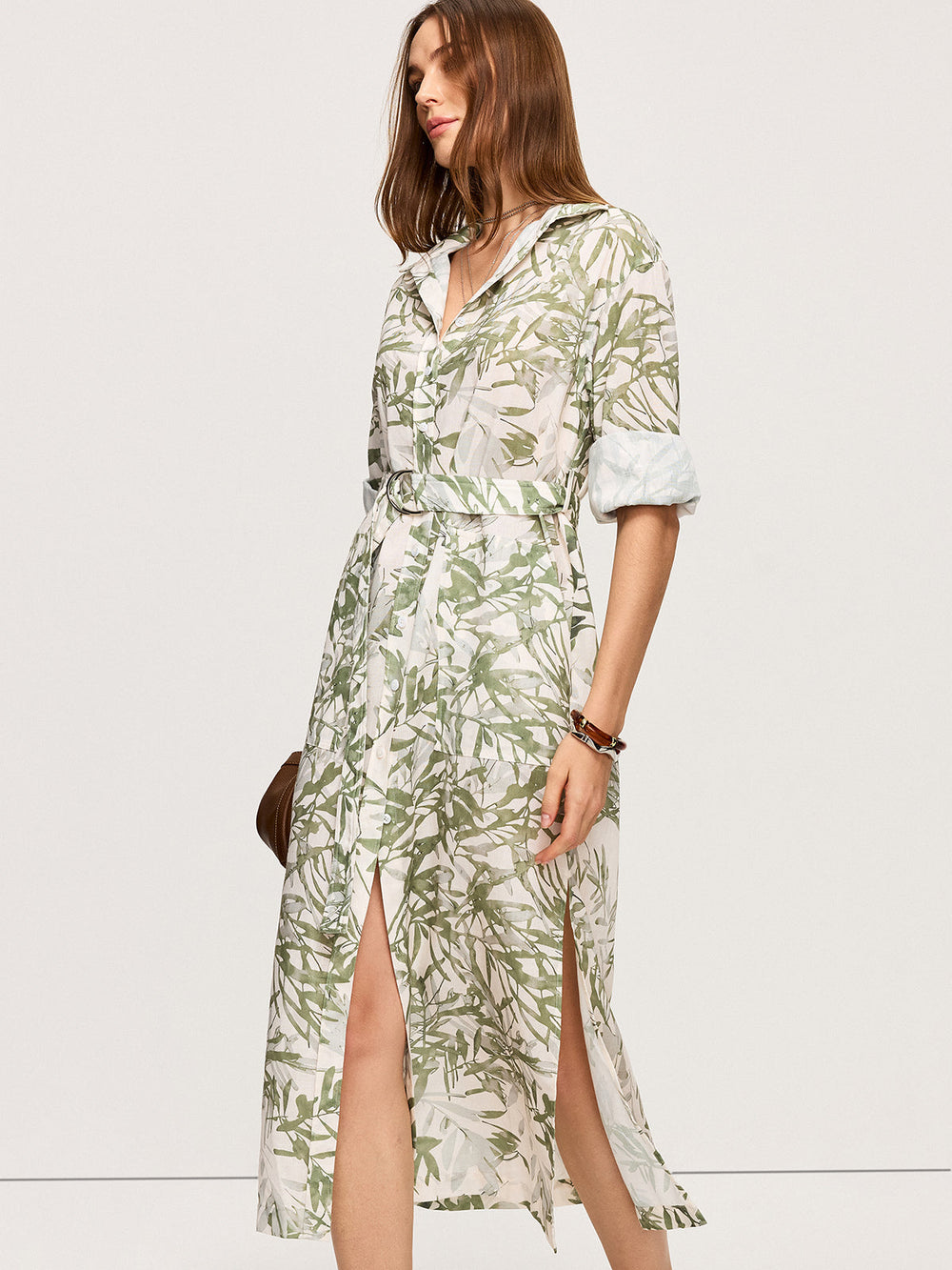 Robe Mi-longue Ceinturée à Imprimé Feuillage avec Fentes