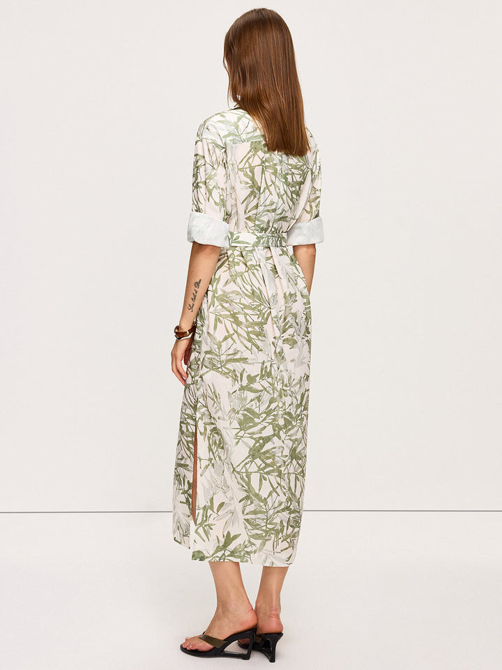 Robe Mi-longue Ceinturée à Imprimé Feuillage avec Fentes