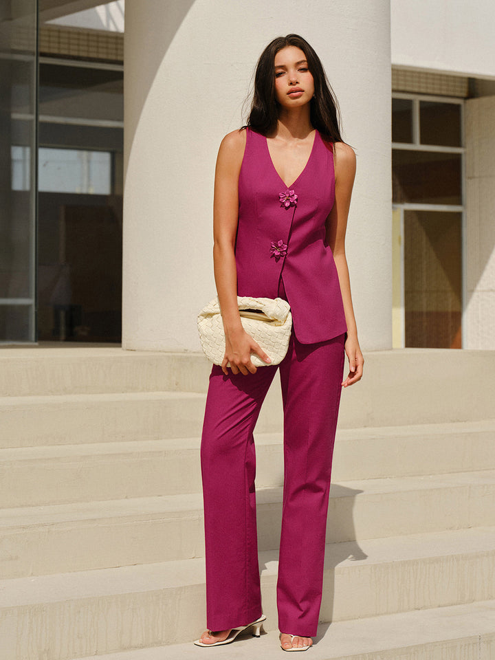 Ensemble Pantalon Sans Manches à Col en V avec Boutons Floraux