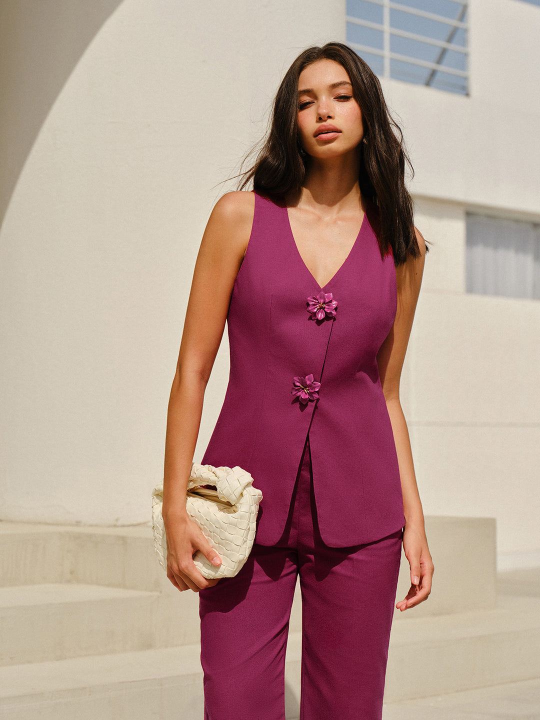 Ensemble Pantalon Sans Manches à Col en V avec Boutons Floraux