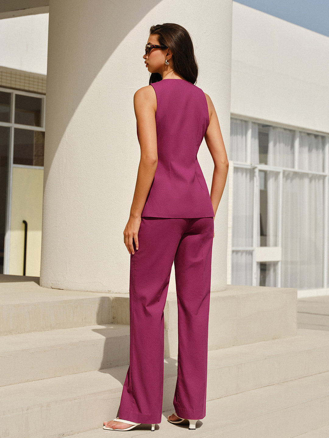 Ensemble Pantalon Sans Manches à Col en V avec Boutons Floraux