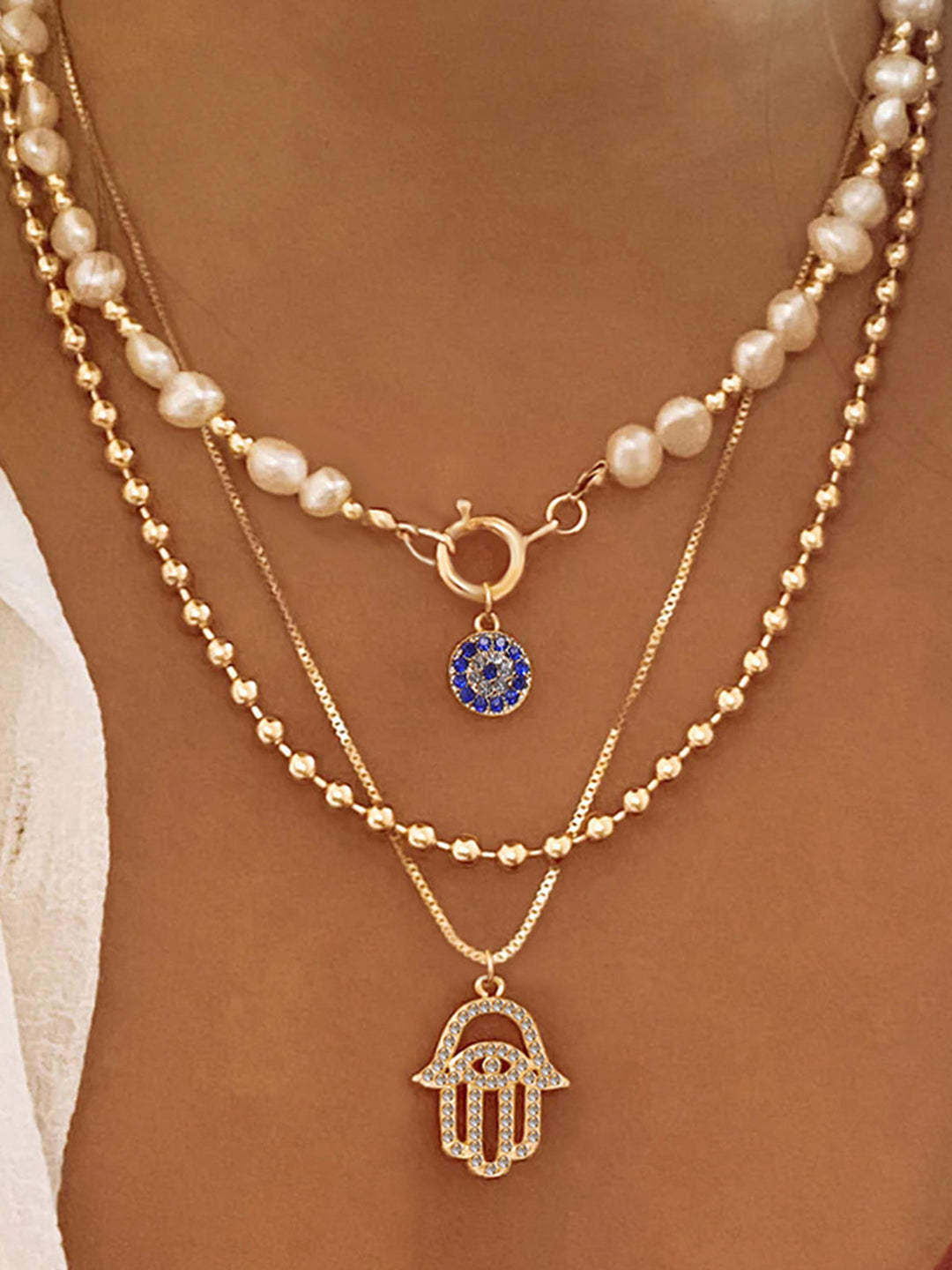 Ensemble de colliers multicouches en perles et main de Fatma
