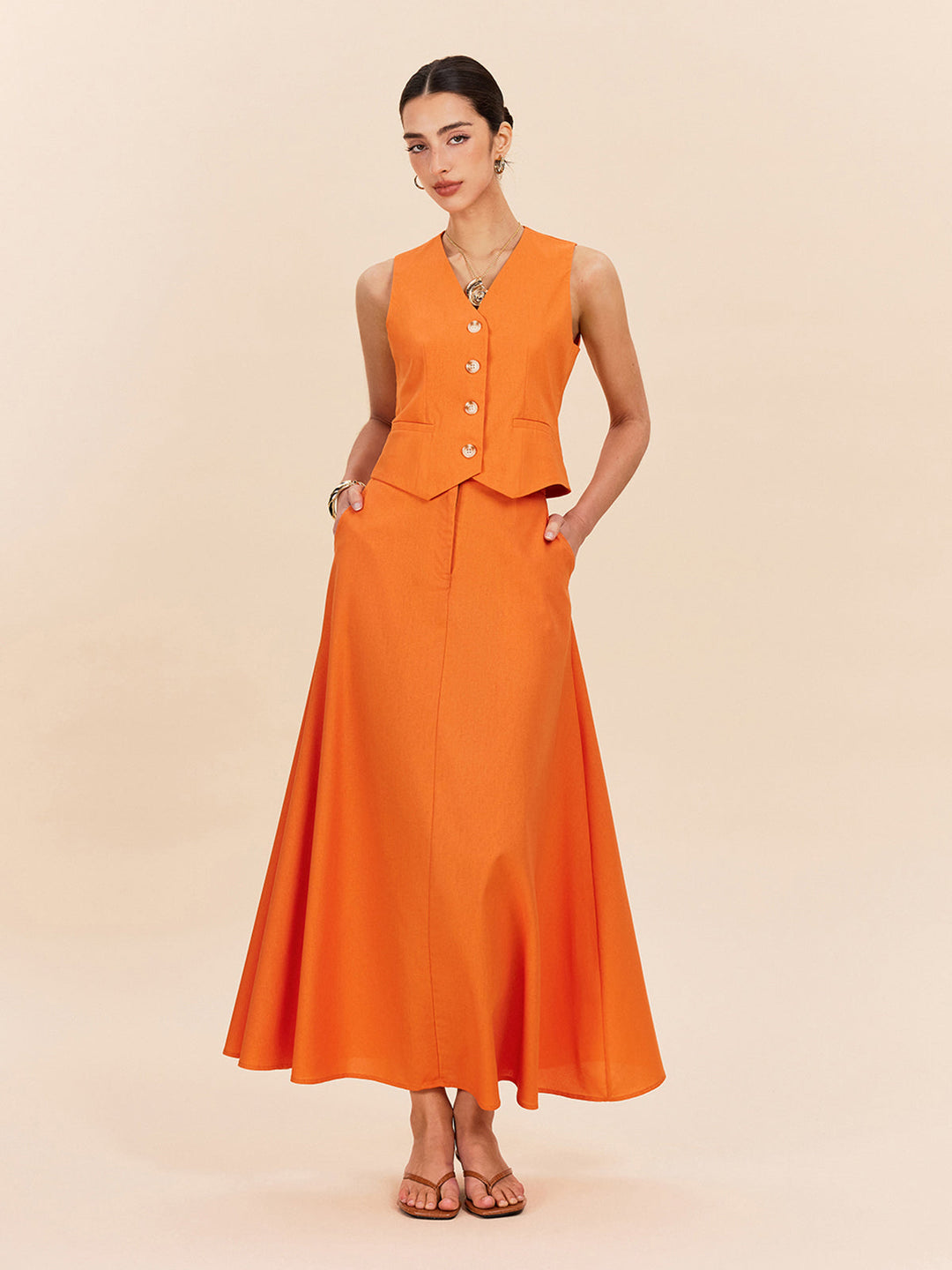 Ensemble Jupe à Détails Poches en Coton et Lin