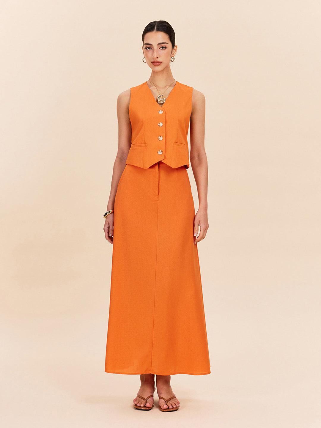 Ensemble Jupe à Détails Poches en Coton et Lin