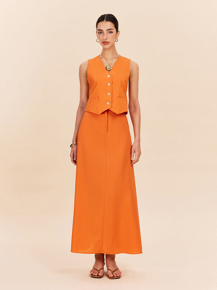 Ensemble Jupe à Détails Poches en Coton et Lin