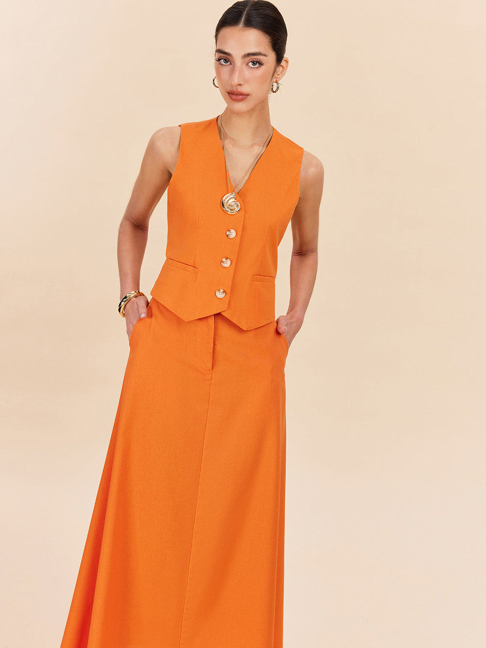 Ensemble Jupe à Détails Poches en Coton et Lin