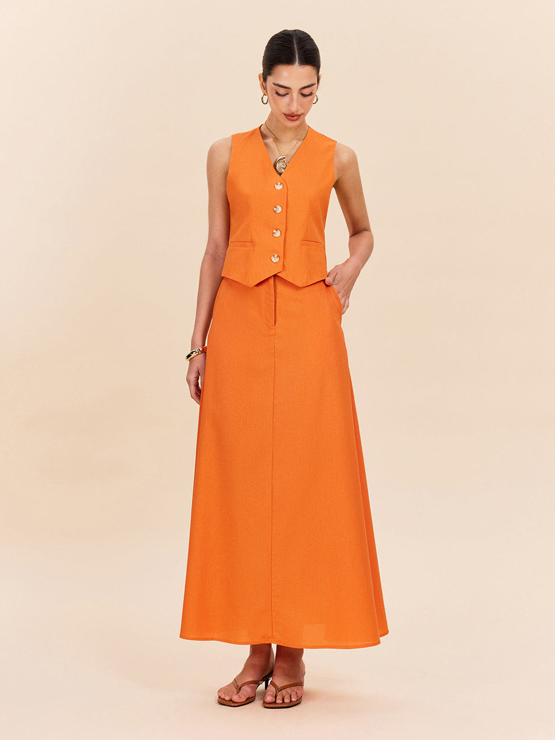 Ensemble Jupe à Détails Poches en Coton et Lin