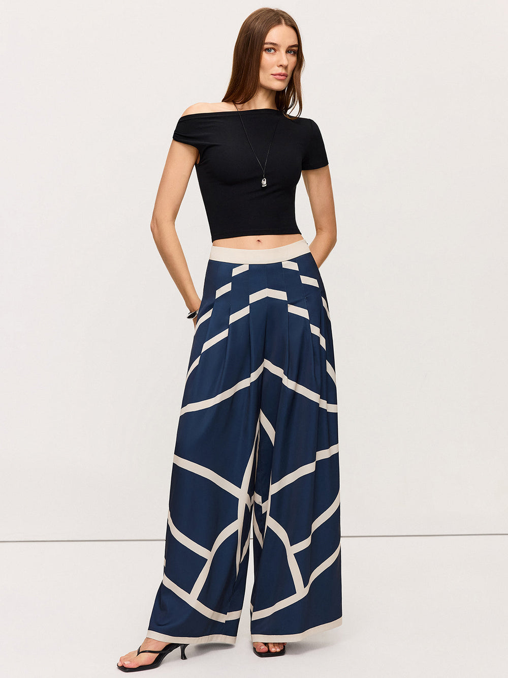 Pantalons Amples Taille Haute à Rayures