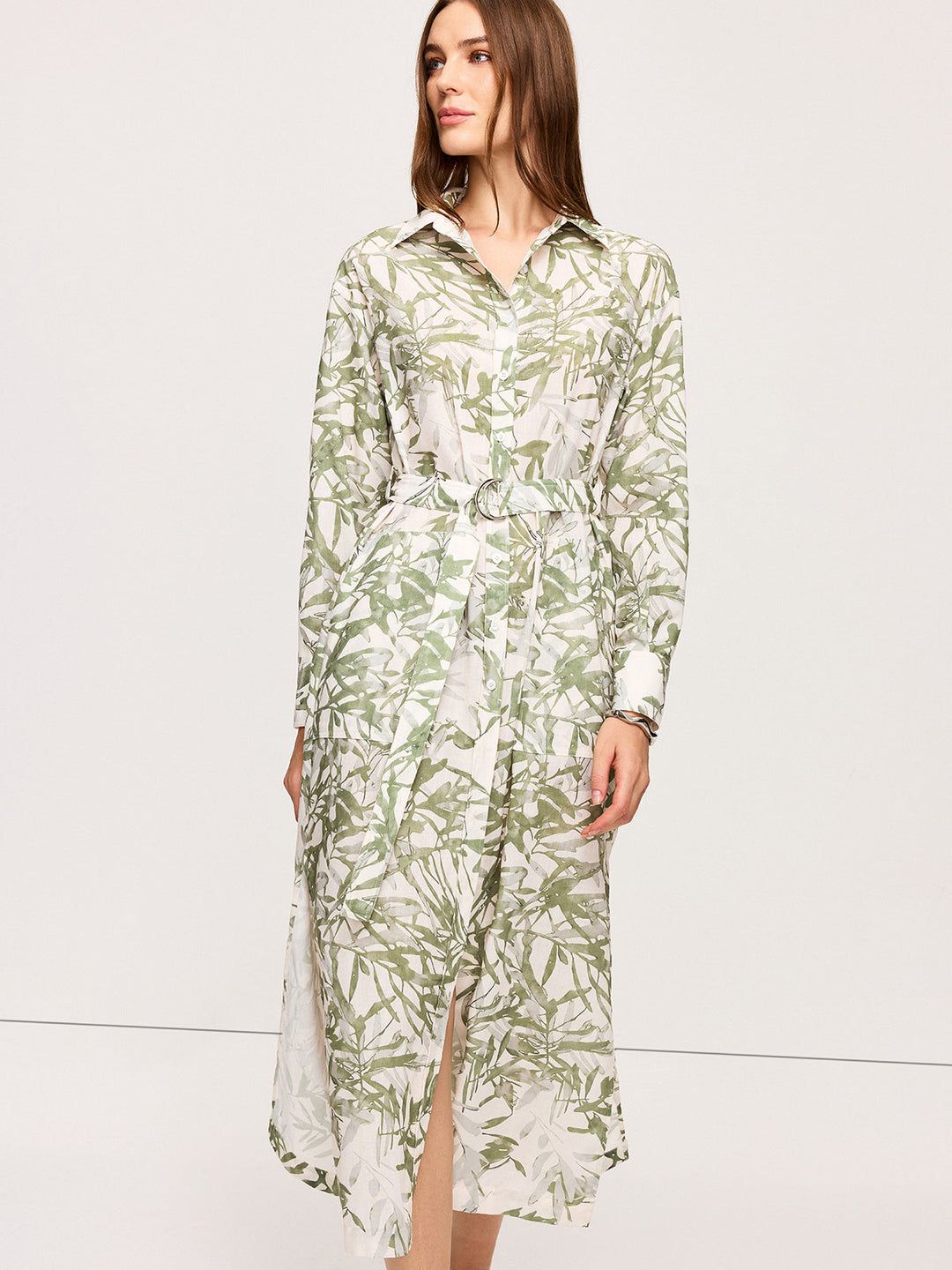 Robe Mi-longue Ceinturée à Imprimé Feuillage avec Fentes