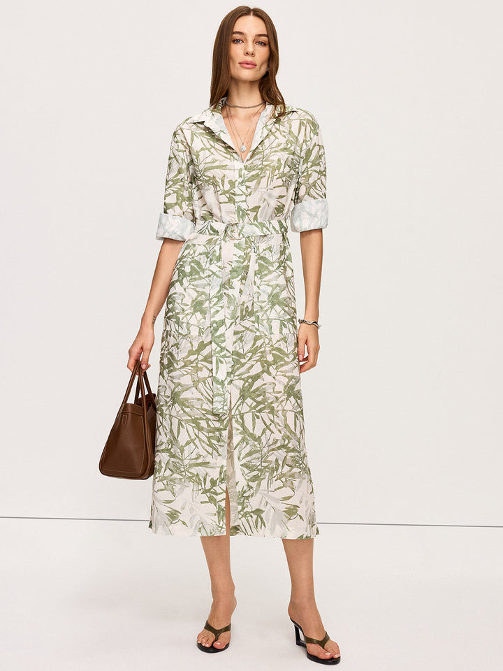 Robe Mi-longue Ceinturée à Imprimé Feuillage avec Fentes