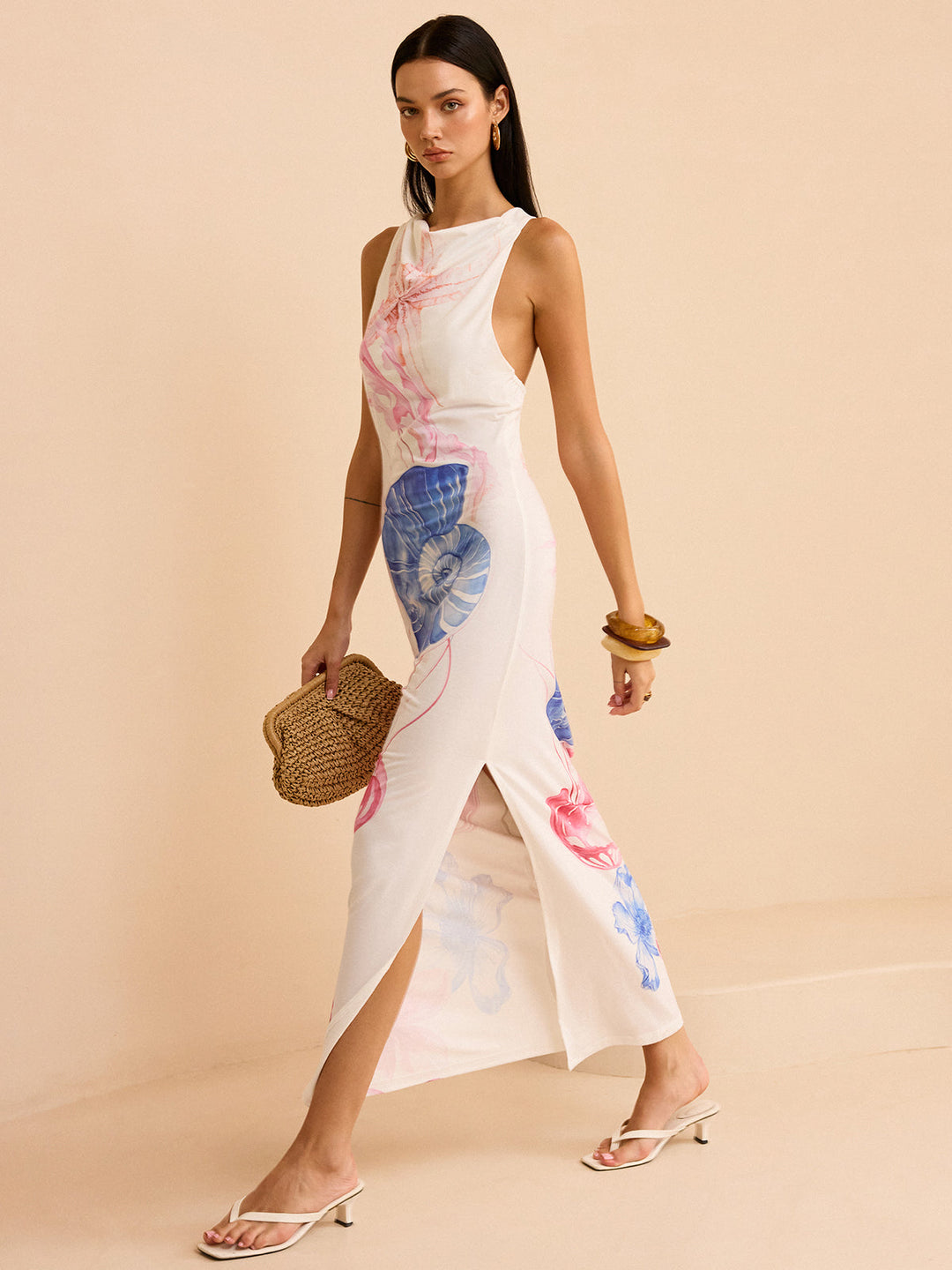 Robe Longue Semi-Transparente avec Imprimé Océan et Fente