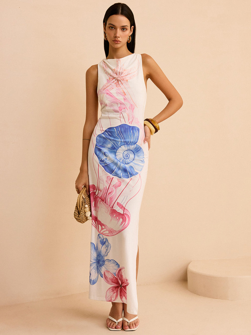 Robe Longue Semi-Transparente avec Imprimé Océan et Fente