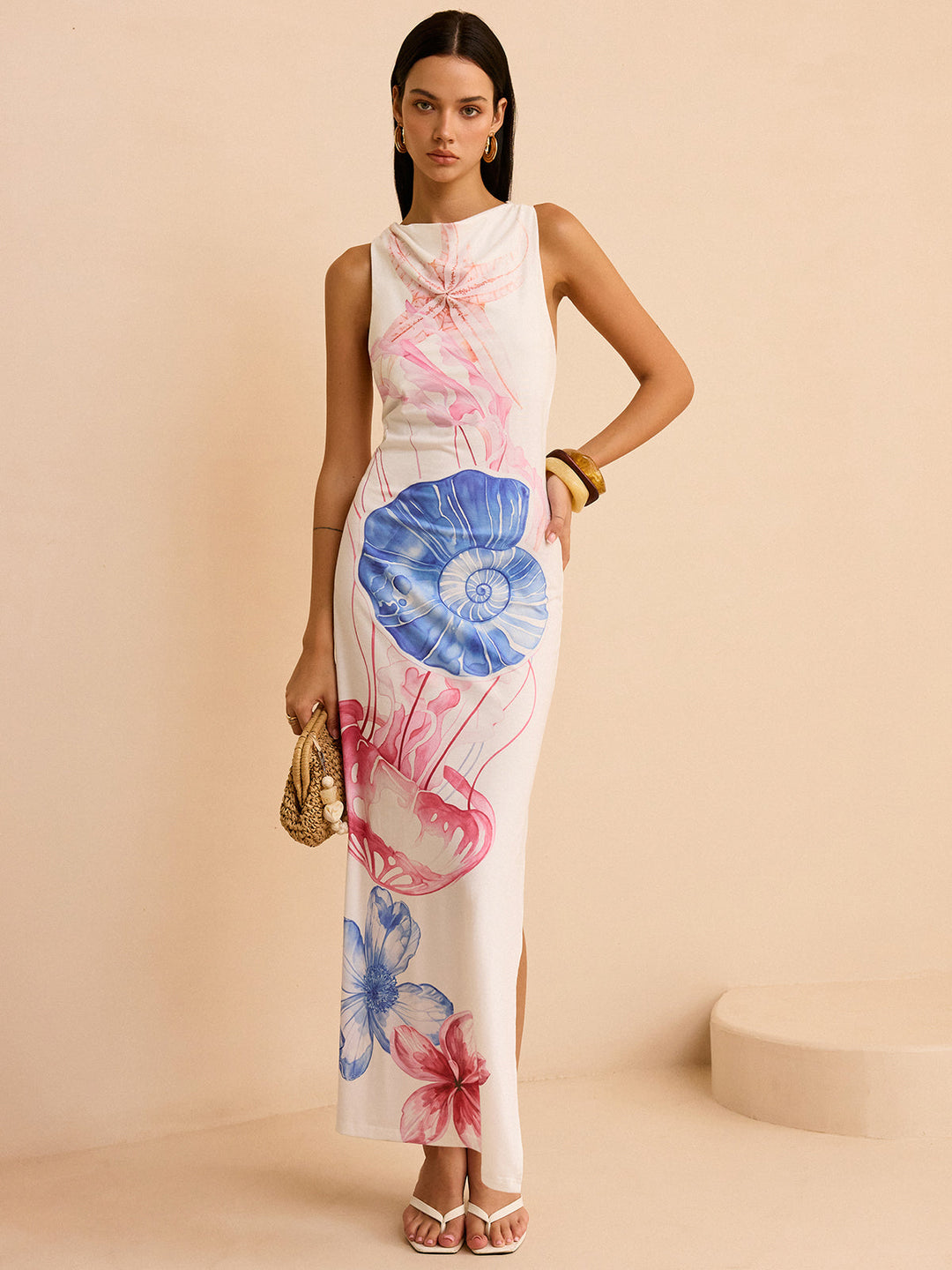 Robe Longue Semi-Transparente avec Imprimé Océan et Fente